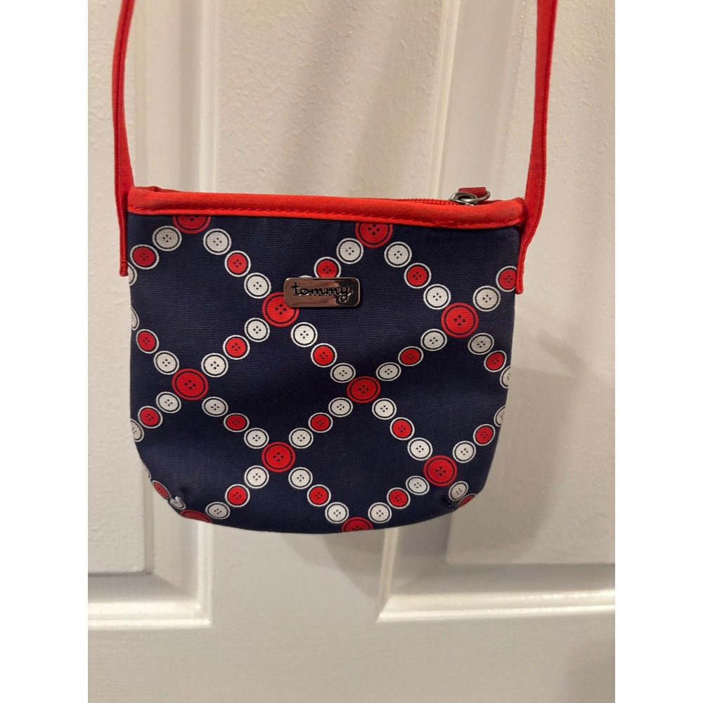 Tommy Hilfiger Womens Navy Red Button Print Canvas Crossbody Bag Small Zip Top